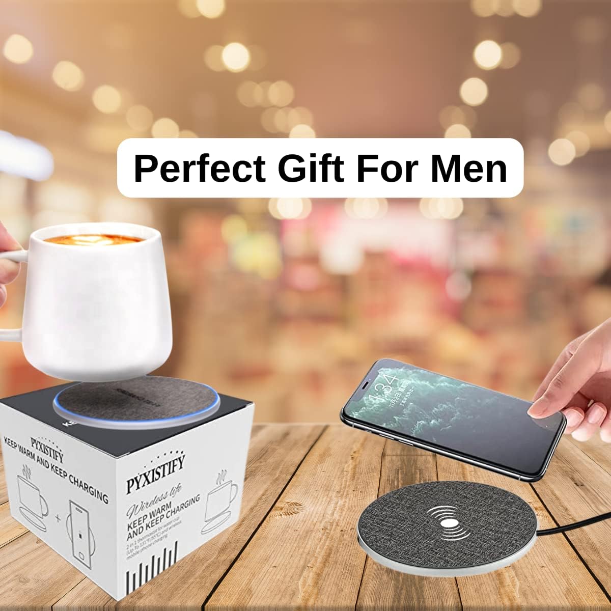 PYXISTIFY 2-in-1 Coffee Mug Warmer & Wireless Charger With Stylish Mug - Fast iPhone Charger - Heated Cup Coaster