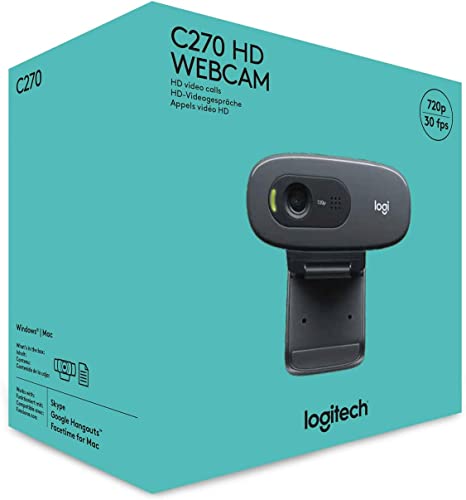 Webcam Logitech C270 HD, HD 720p/30 ips, appels vidéo HD grand écran, correction de la lumière HD, microphone antibruit, compatible Skype, FaceTime, Hangouts, Teams, WebEx, Zoom, PC/Mac/Ordinateur portable/Macbook/Tablette
