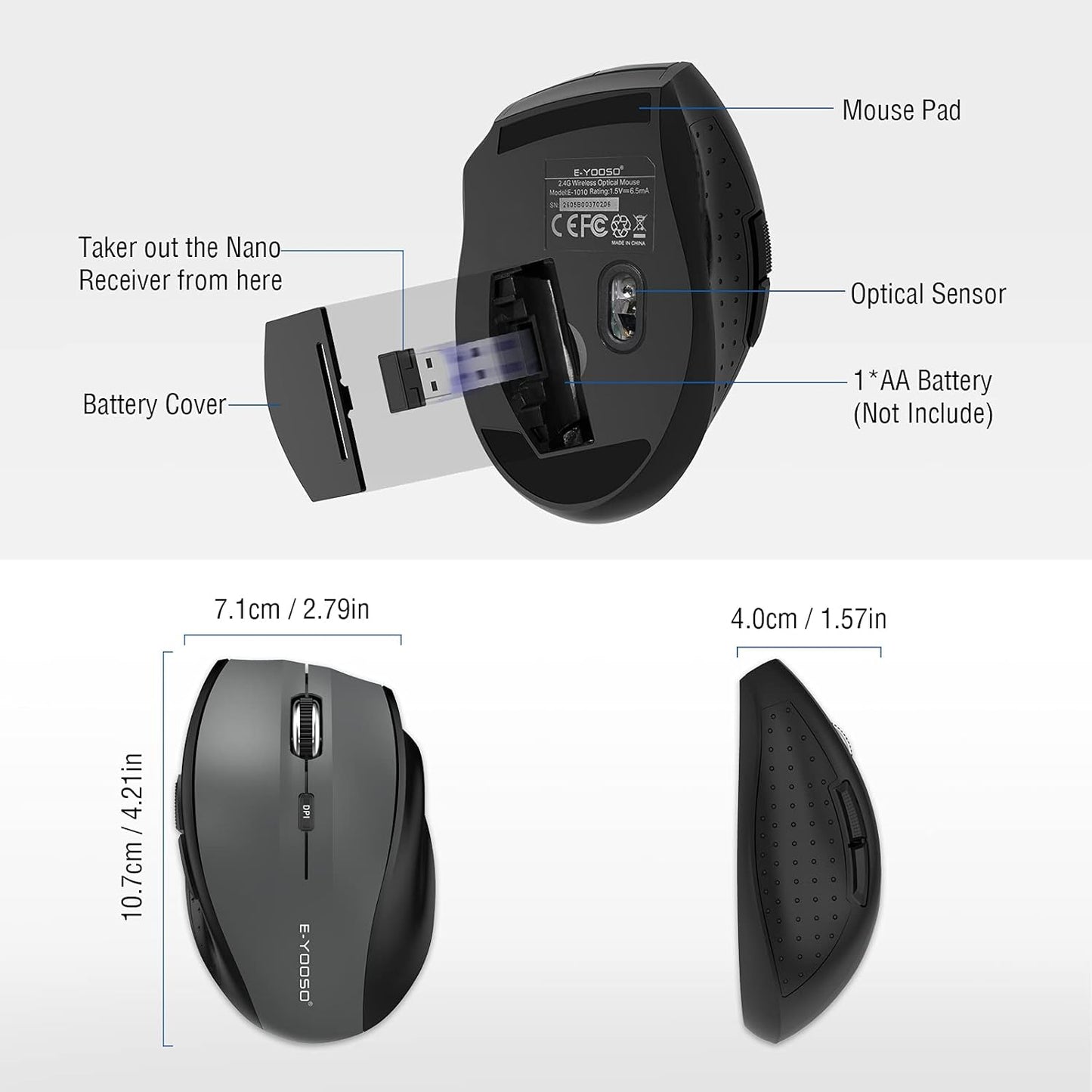 E-YOOSO Wireless Mouse for Laptop, Portable Optical Computer Mouse, 18 Months Battery Life for Chromebook Windows Mac