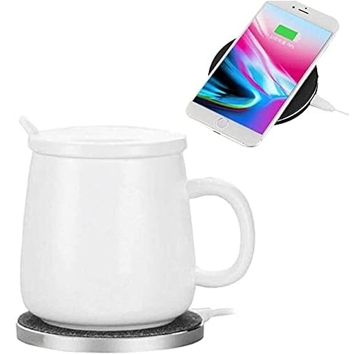 Chauffe-tasse à café 2 en 1 PYXISTIFY avec chargeur sans fil et élégant mug - Chargeur rapide pour iPhone - Dessous de verre chauffant - Chauffe-thé portable - Auto-chauffant pour bureau - Cadeau de bureau pour homme