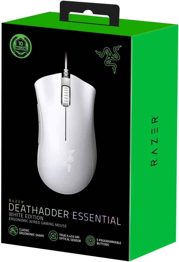 RazerDeathAdder Essential Gaming Mouse: 6400 DPI Optical Sensor - 5 Programmable Buttons - White