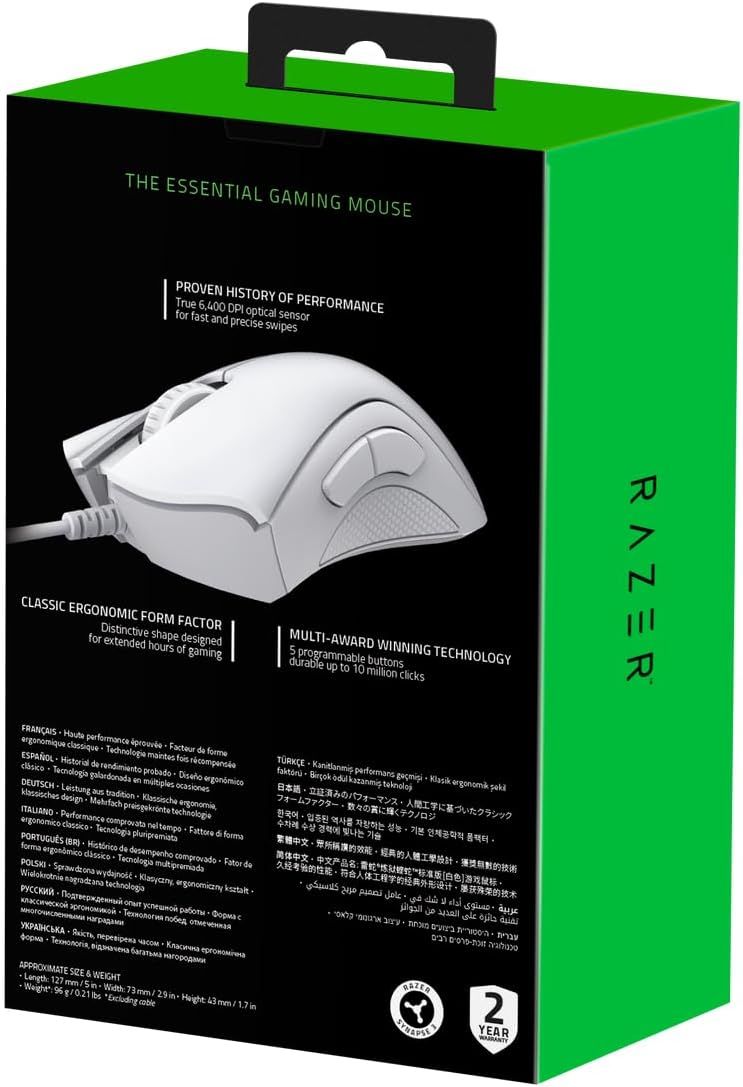 RazerDeathAdder Essential Gaming Mouse: 6400 DPI Optical Sensor - 5 Programmable Buttons - White