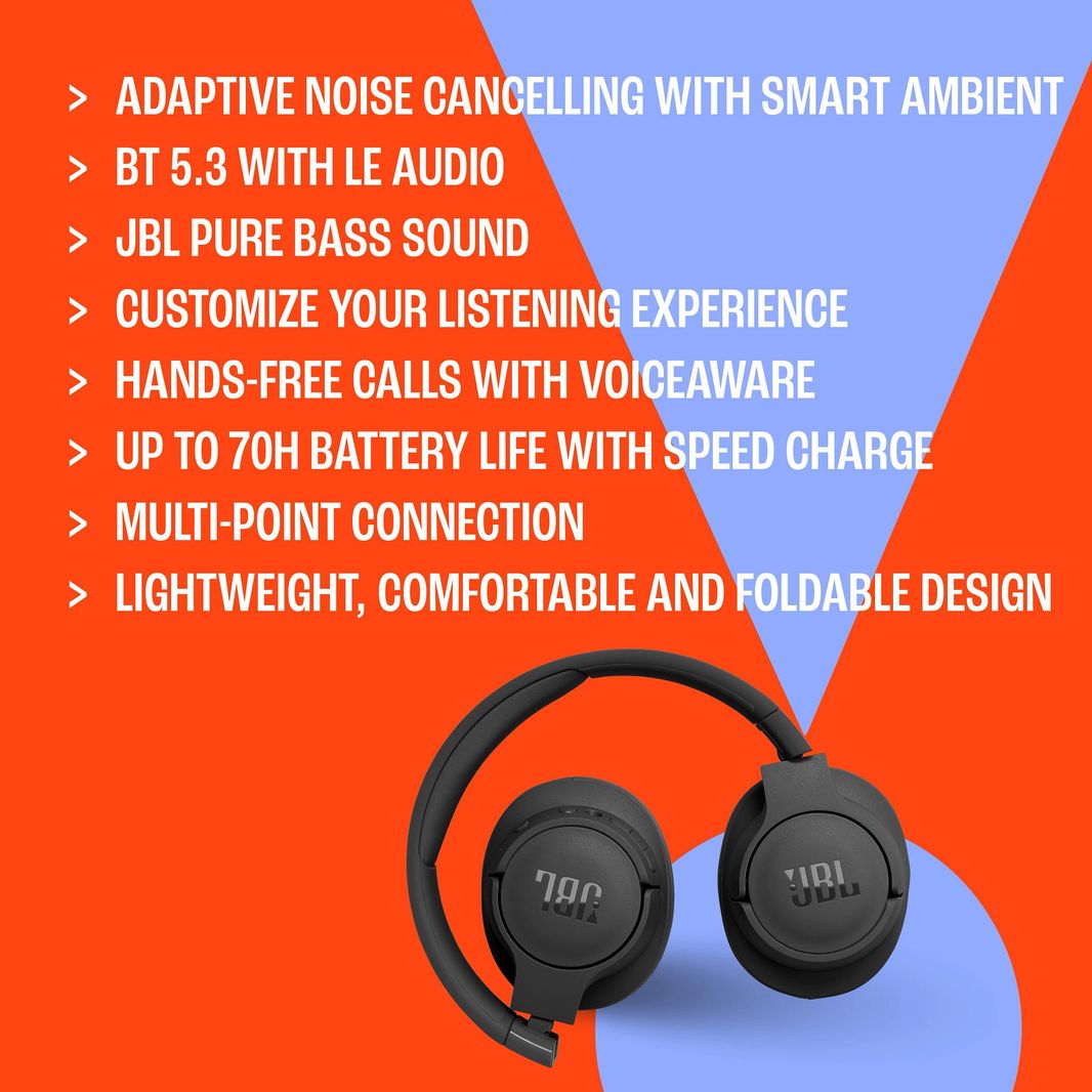 JBL Tune 770NC Wireless Over-Ear Headphones, with Adaptive Noise Cancelling, Bluetooth and 70 hours Battery Life