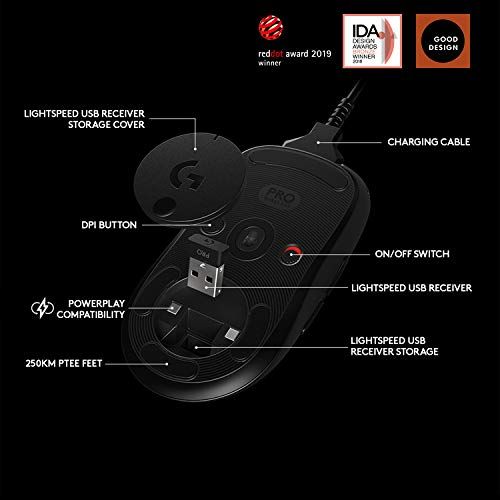 Logitech G PRO Wireless Gaming Mouse, HERO 25K Sensor, 25,600 DPI, RGB, Ultra Lightweight, 4-8  - Black